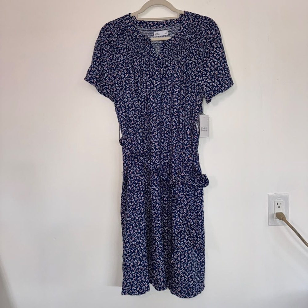NWT Croft & Barrow Womens M Belted Midi Dress Ditsy Floral Short Sleeves Comfort
